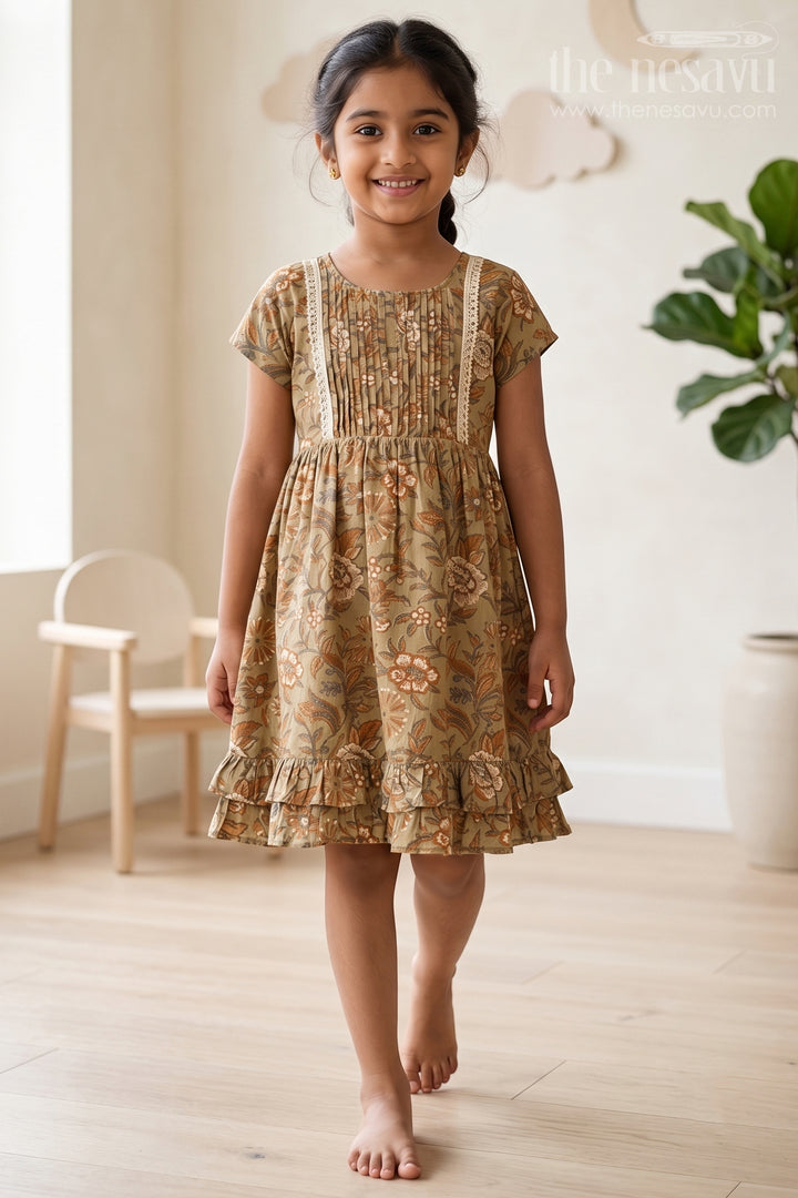 Elegant Green Cotton Party Wear Frock for Girls with Floral Prints and Ruffle Hem
