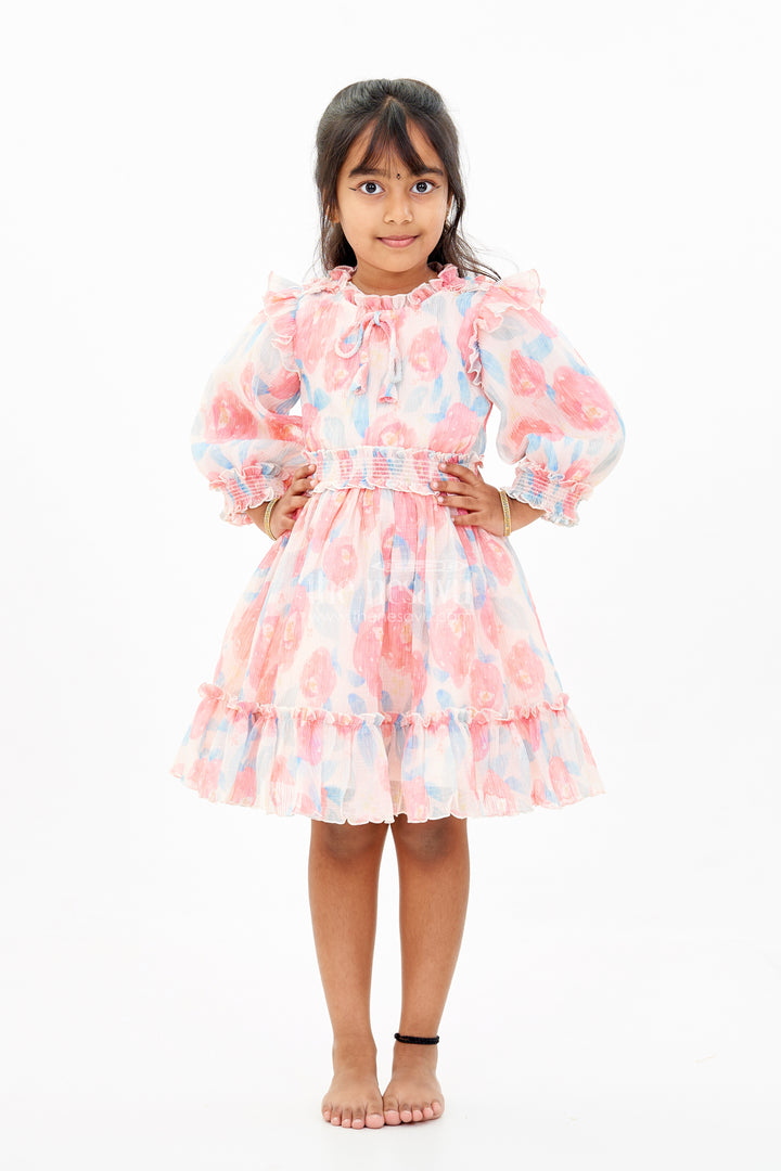 Girls Beautiful Cotton Frock with Floral Printed Pleated Organza and Ruffle Details
