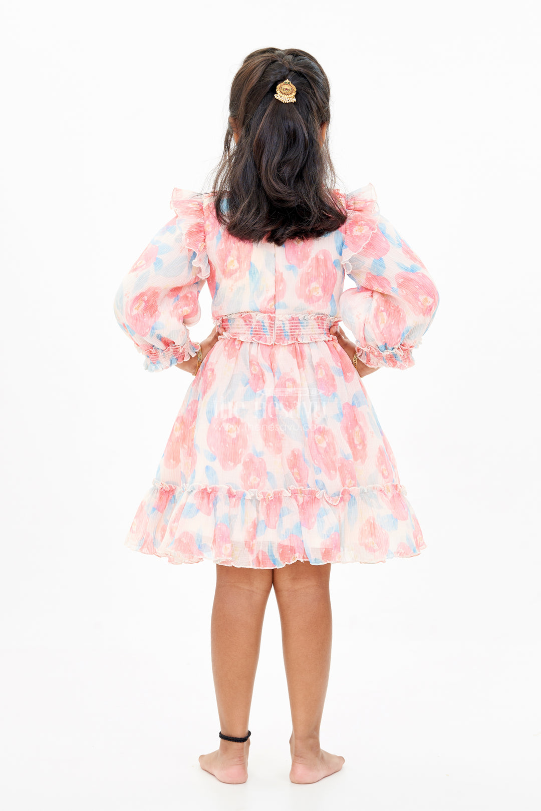 Girls Beautiful Cotton Frock with Floral Printed Pleated Organza and Ruffle Details