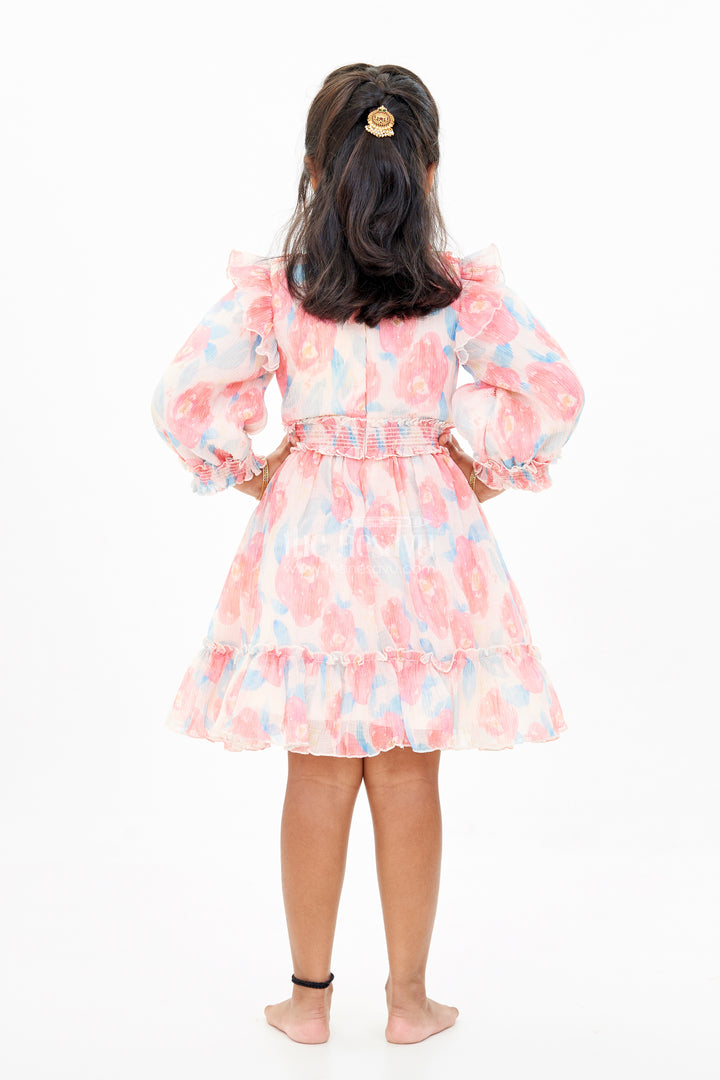 Girls Beautiful Cotton Frock with Floral Printed Pleated Organza and Ruffle Details