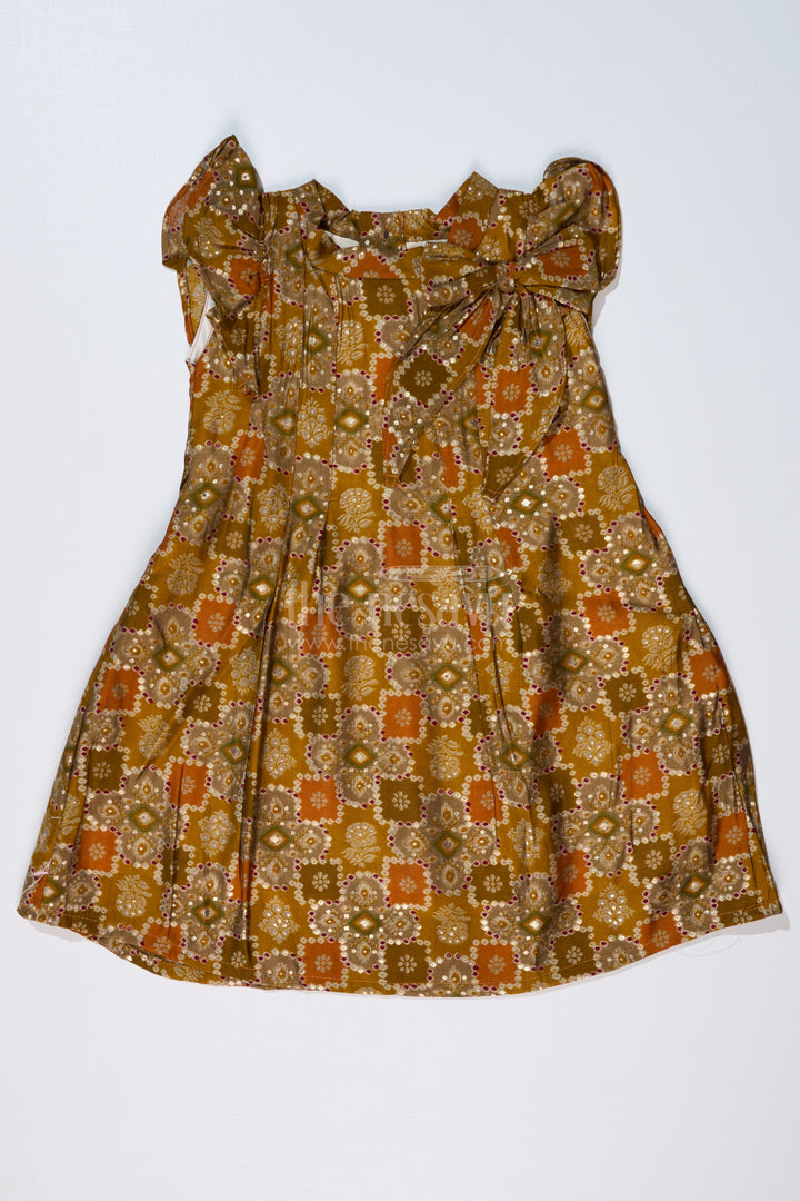 Girls Casual Frock in Muslin Silk with Elegant Bow and Pleated Design