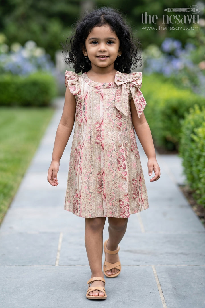 Girls Normal Frock in Muslin Silk with Floral Embellishment and Shoulder Bow