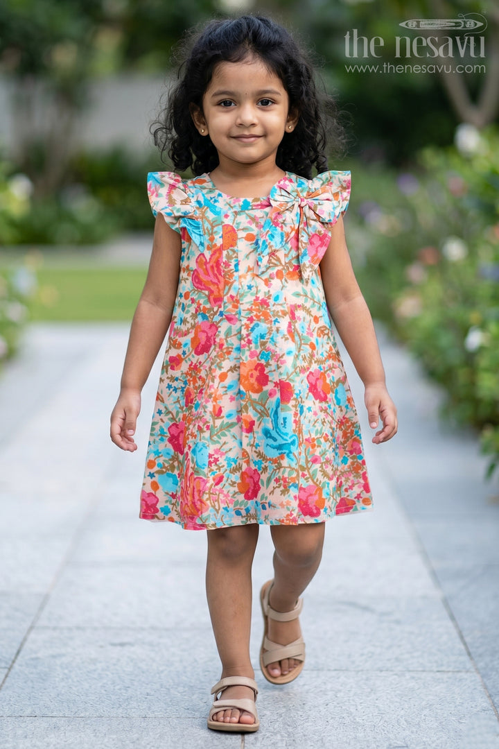 Girls Printed Frock in Muslin Silk with Vibrant Floral Patterns and Stylish Bow