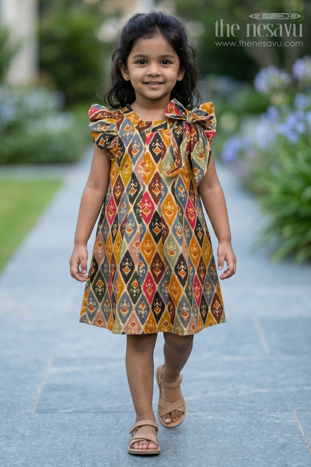 Girls Cotton Knee-Length Frock in Muslin Silk with Traditional Ikat Print