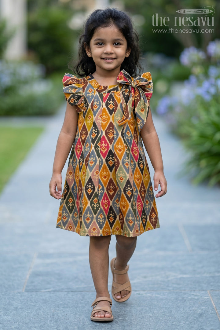 Girls Cotton Knee-Length Frock in Muslin Silk with Traditional Ikat Print