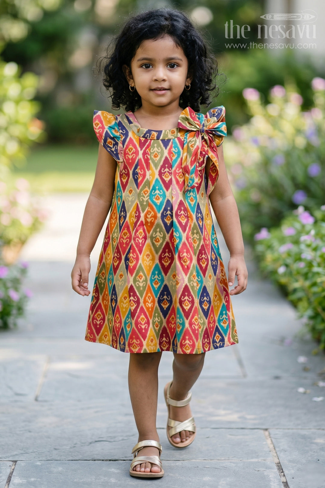 Girls Flower Frock in Muslin Silk with Traditional Ikat Print and Stylish Bow