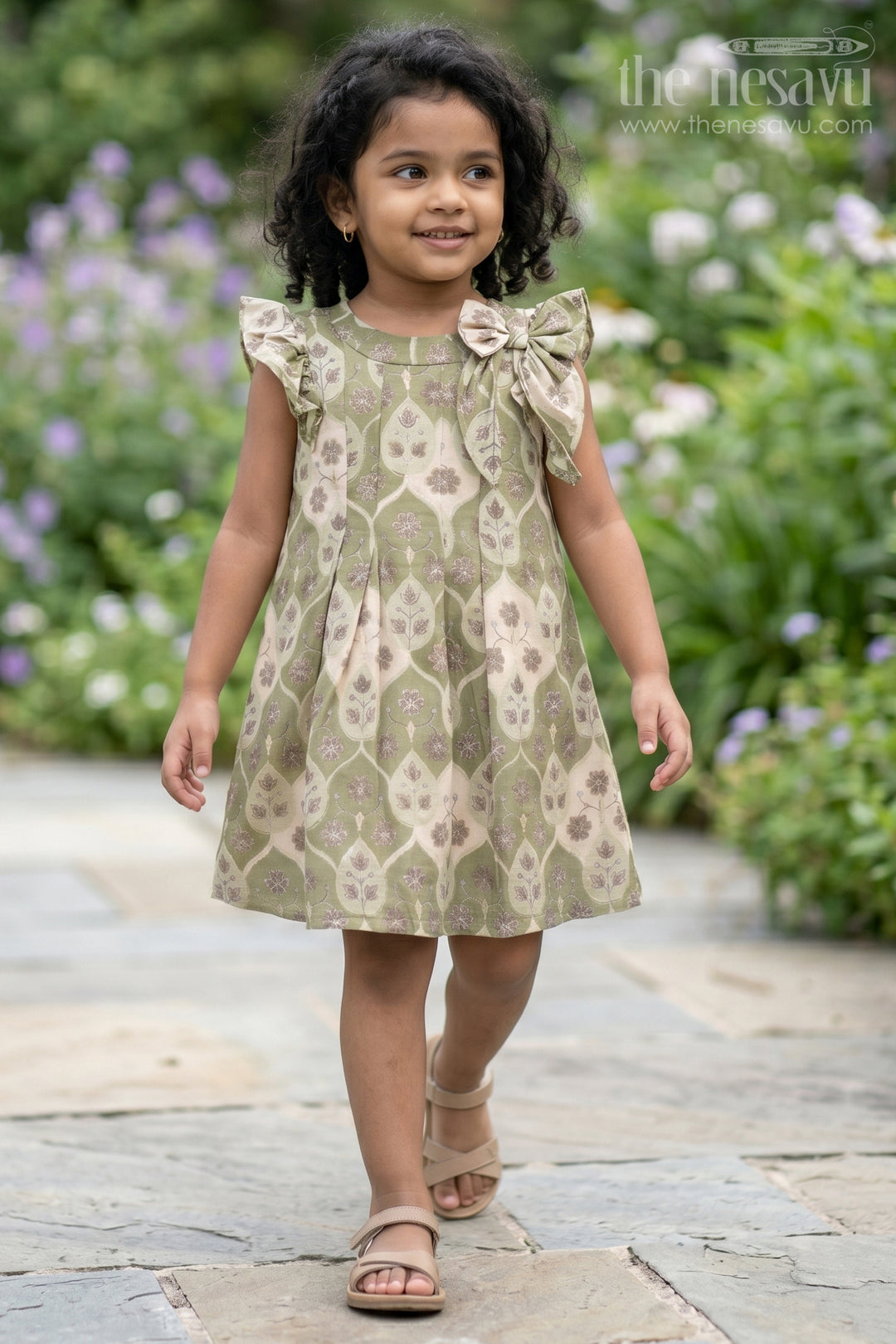 Girls Cotton Blend Dresses in Muslin Silk with Subtle Floral Print and Elegant Bow