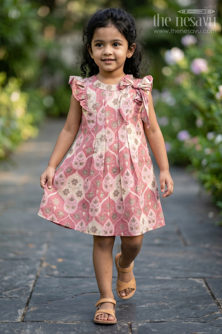 Girls Floral Print Long Frock in Muslin Silk with Pleated Design and Stylish Bow
