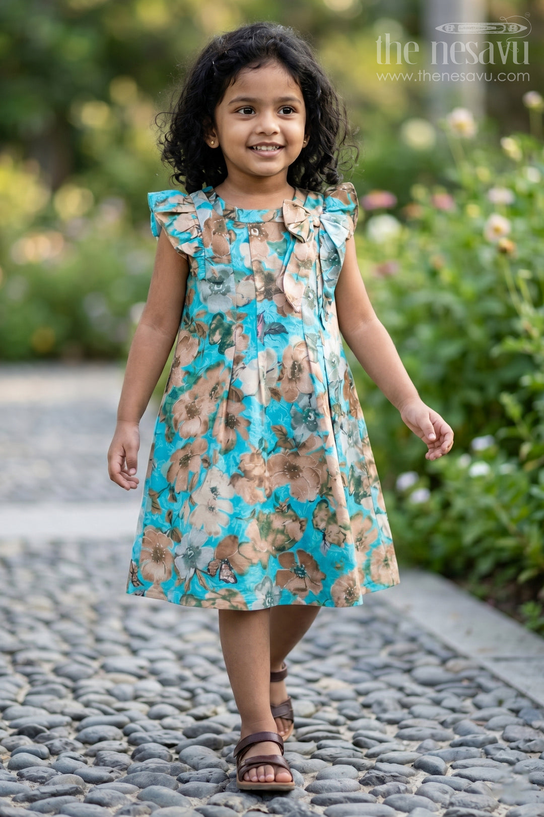 Girls Pretty Floral Dresses with Ruffle Neckline and Soft Cotton Fabric for Elegant Everyday Wear