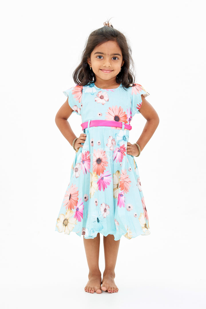 Georgette Floral Frocks for Girls with Ruffled Sleeves and Satin Waist Belt