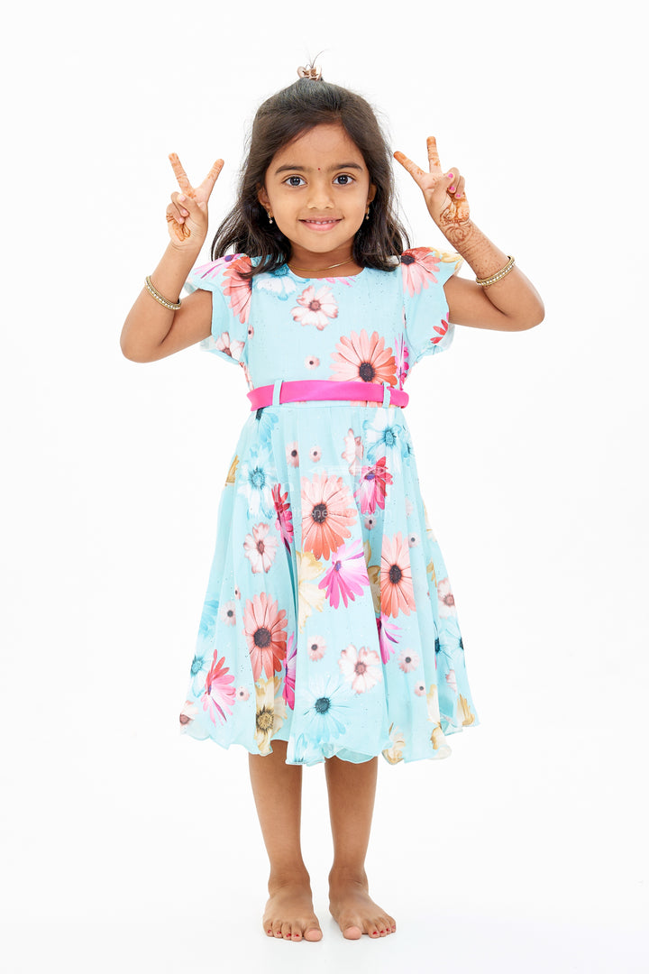 Georgette Floral Frocks for Girls with Ruffled Sleeves and Satin Waist Belt