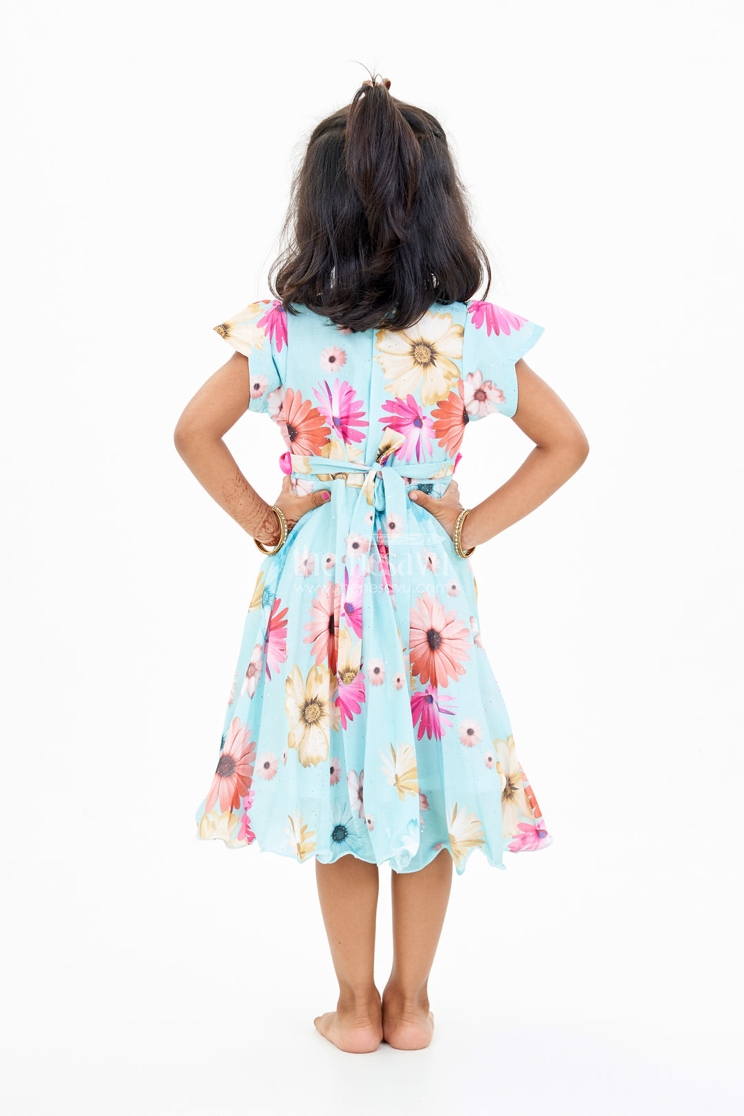 Georgette Floral Frocks for Girls with Ruffled Sleeves and Satin Waist Belt