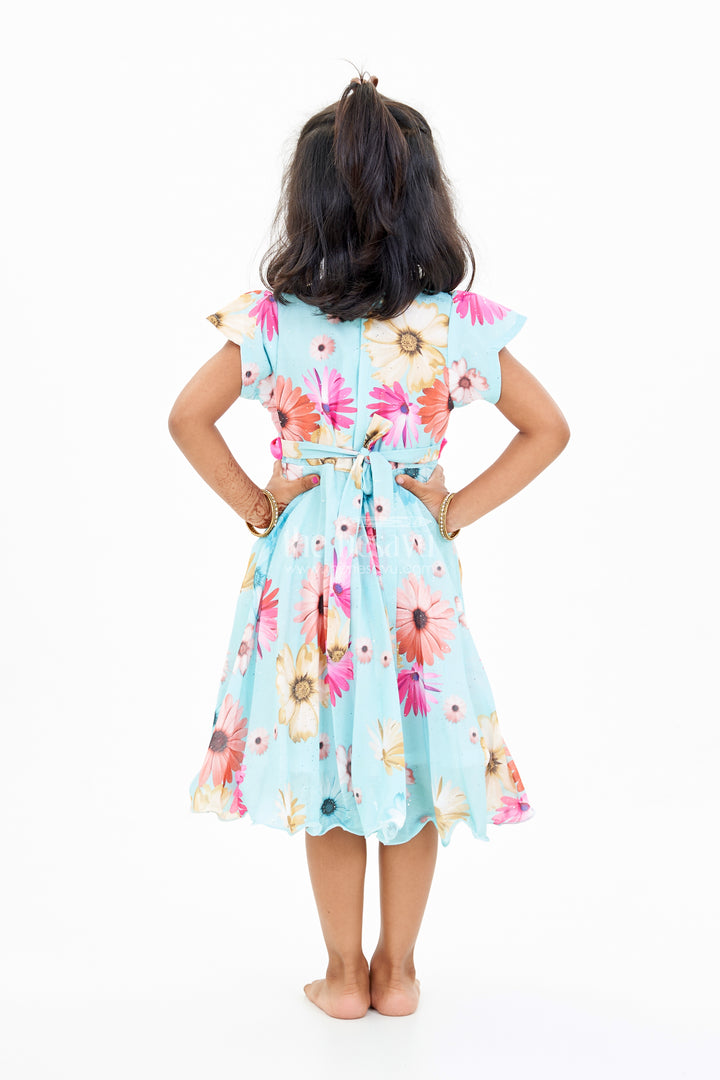 Georgette Floral Frocks for Girls with Ruffled Sleeves and Satin Waist Belt