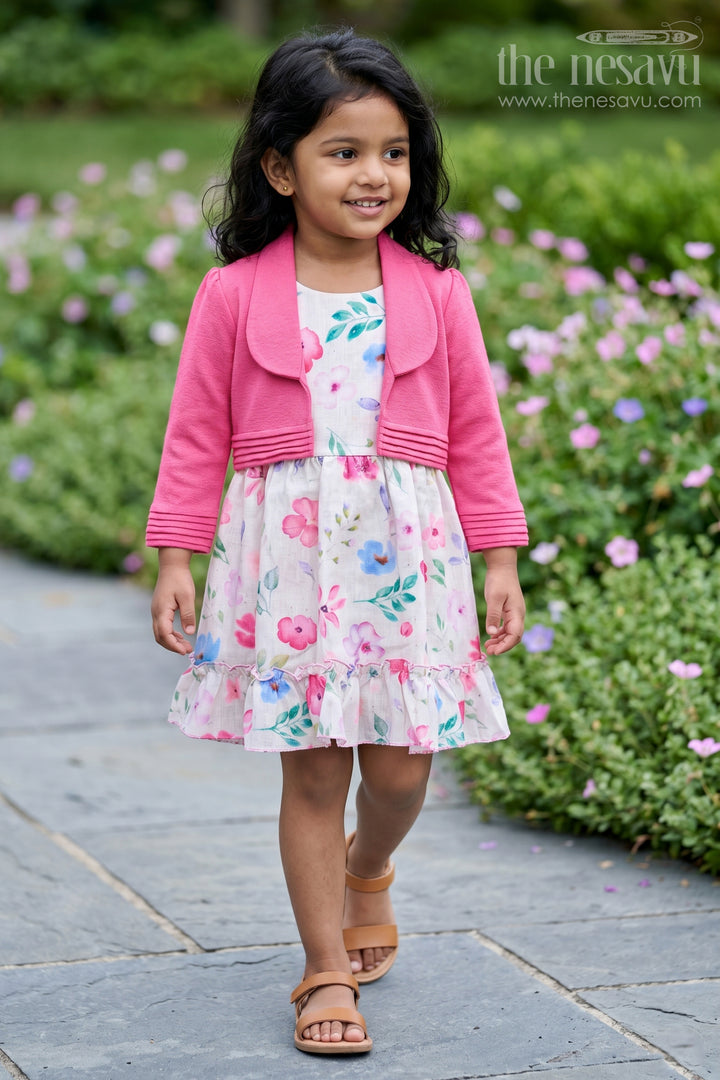 Stylish Frock with Overcoat for Girls in Flax Cotton with Digital Floral Print