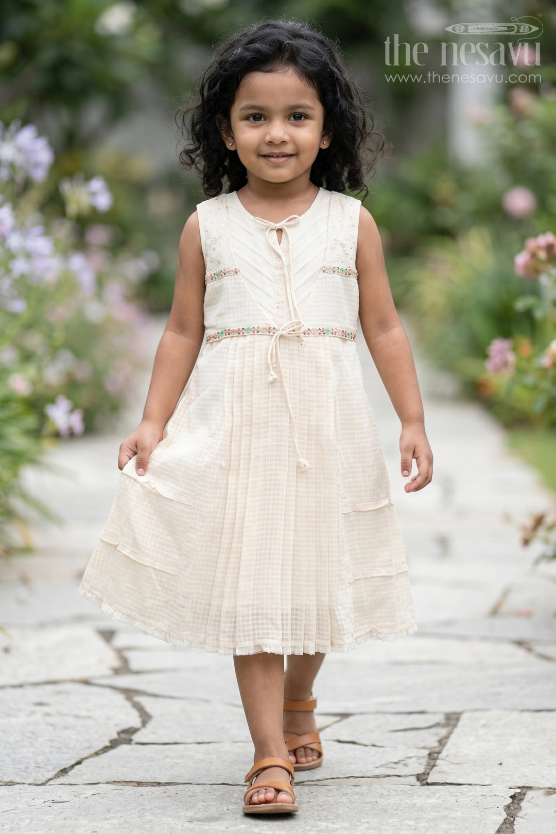 Girls White Lace Frock with Delicate Embroidery and Pleated Skirt for a Timeless Look
