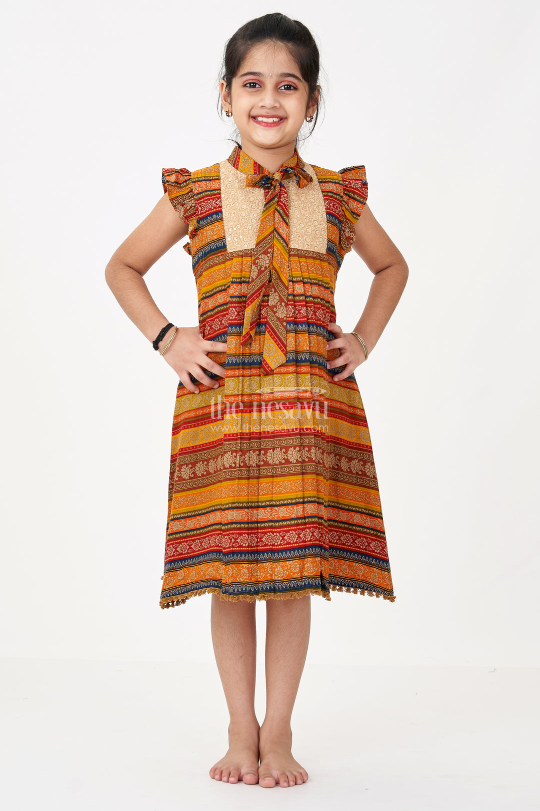 Girls Cute Cotton Frocks with Ethnic Printed Design and Ruffle Sleeves for a Stylish Look