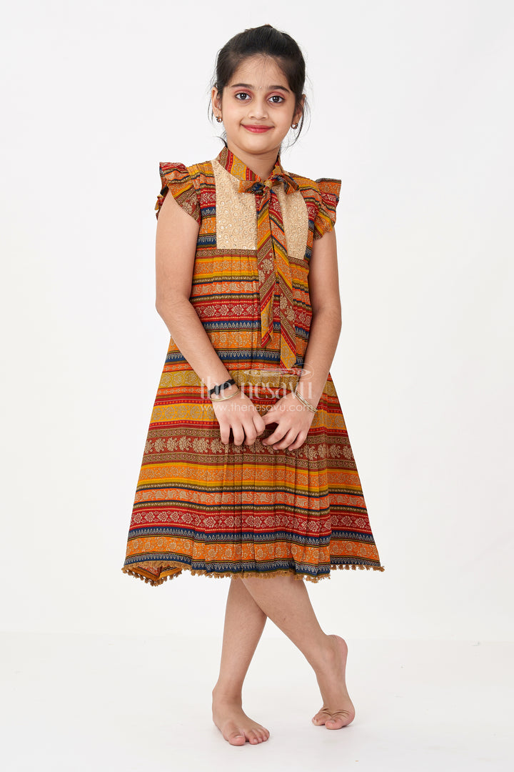 Girls Cute Cotton Frocks with Ethnic Printed Design and Ruffle Sleeves for a Stylish Look