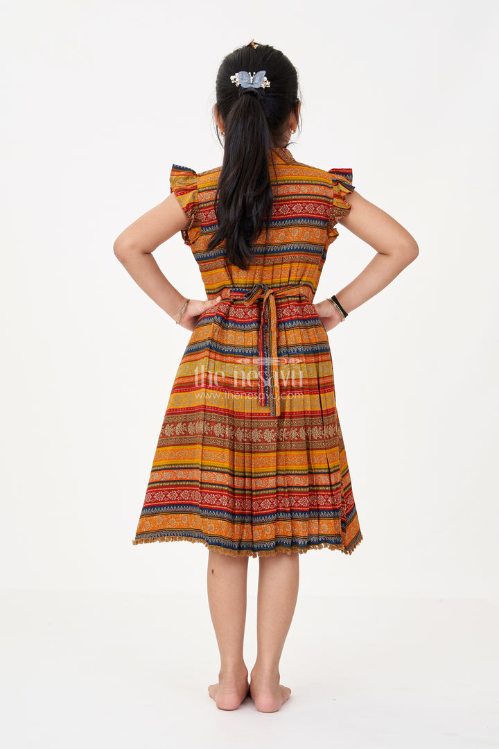 Girls Cute Cotton Frocks with Ethnic Printed Design and Ruffle Sleeves for a Stylish Look