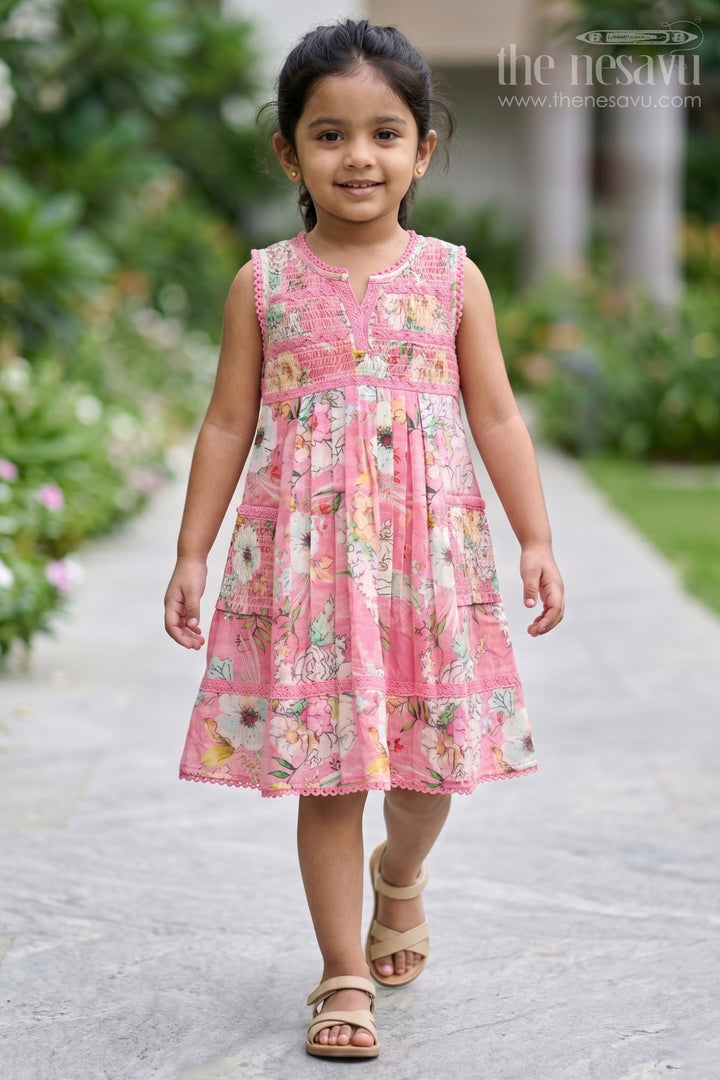 Girls Frock with Flowers in Soft Cotton Featuring Delicate Smocking and Pleated Detailing