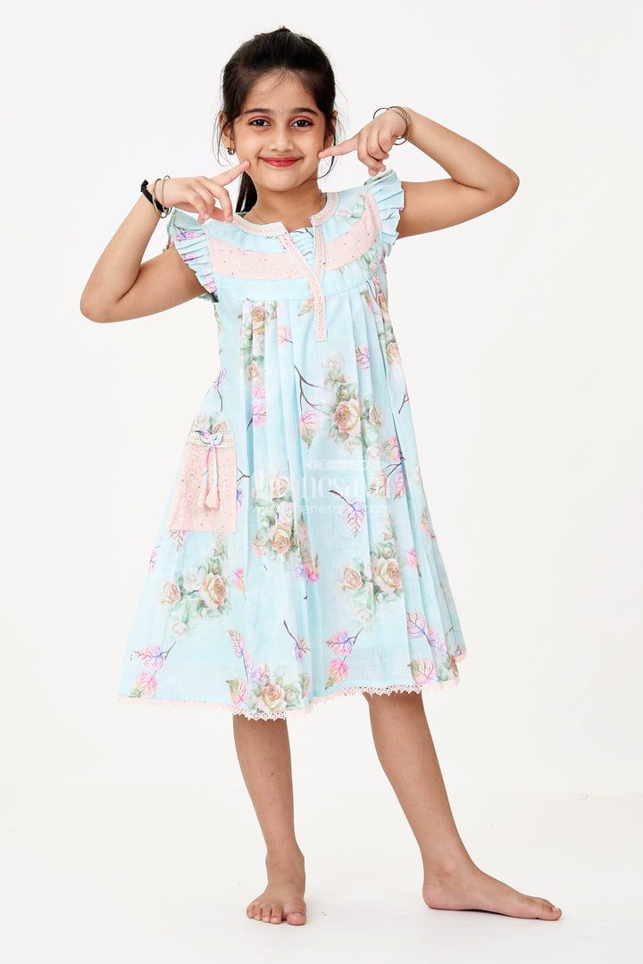 Girls Princess Cut Frock in Cotton Blend with Floral Print and Lace Pockets