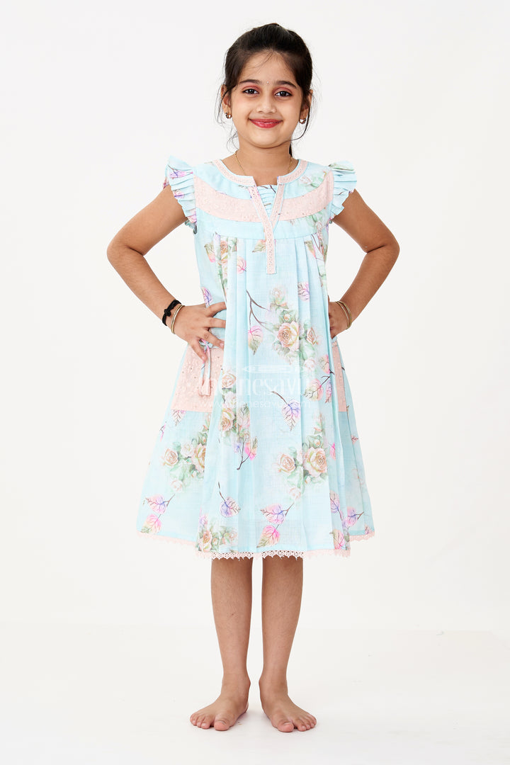 Girls Princess Cut Frock in Cotton Blend with Floral Print and Lace Pockets