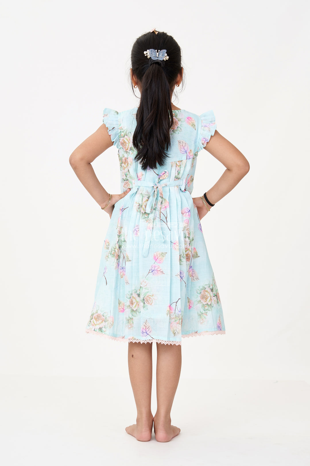 Girls Princess Cut Frock in Cotton Blend with Floral Print and Lace Pockets