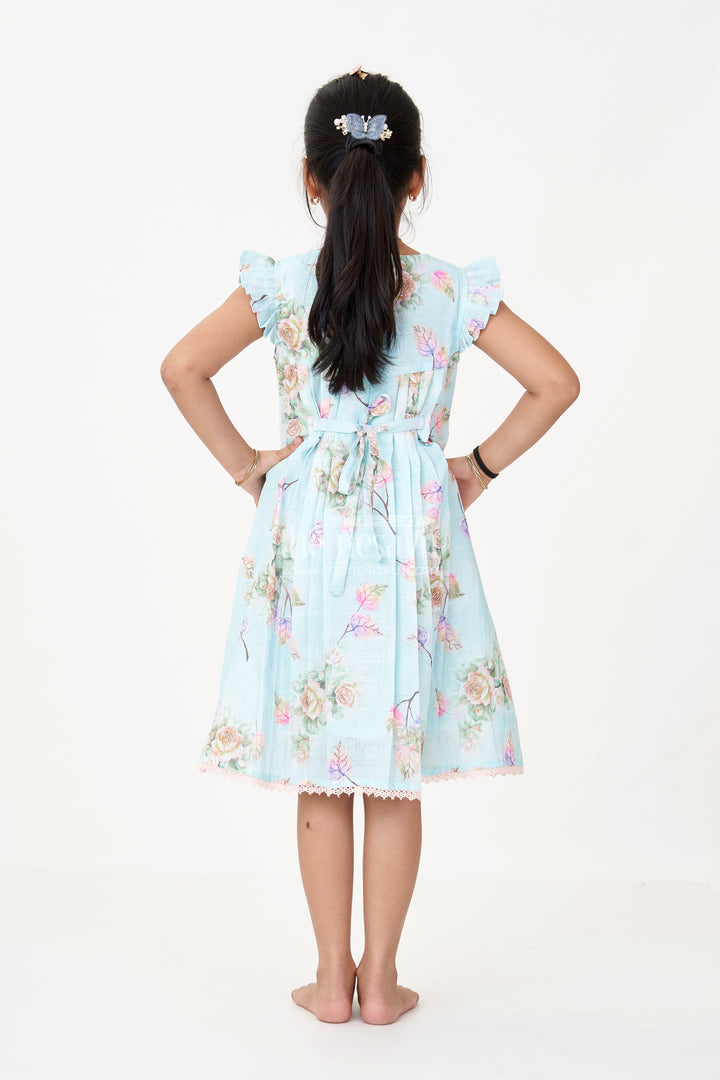 Girls Princess Cut Frock in Cotton Blend with Floral Print and Lace Pockets