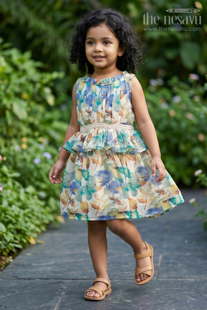 Girls Western Frock Dress in Chiffon Cotton Blend with Floral Prints and Ruffled Waist