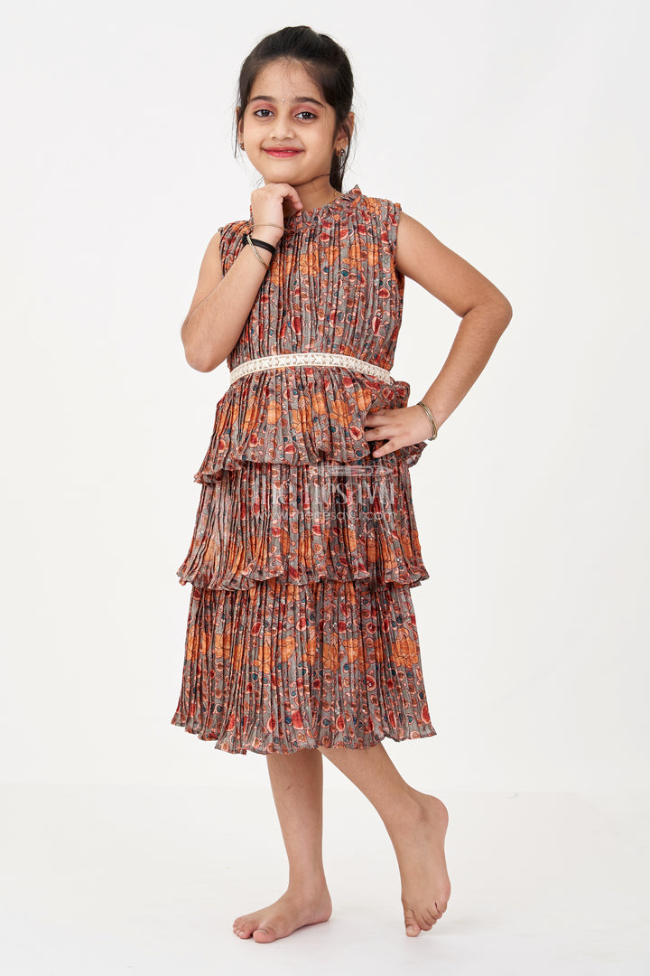 Graceful Ethnic Frock Dress for Girls with Chinon Silk Pleated Layers and Festive Print