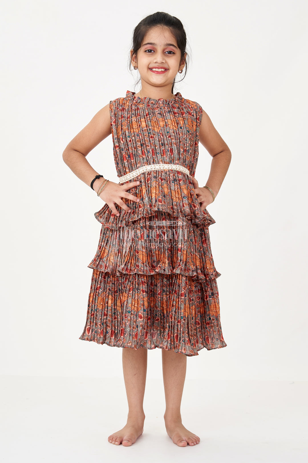 Graceful Ethnic Frock Dress for Girls with Chinon Silk Pleated Layers and Festive Print