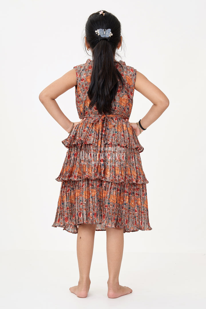Graceful Ethnic Frock Dress for Girls with Chinon Silk Pleated Layers and Festive Print