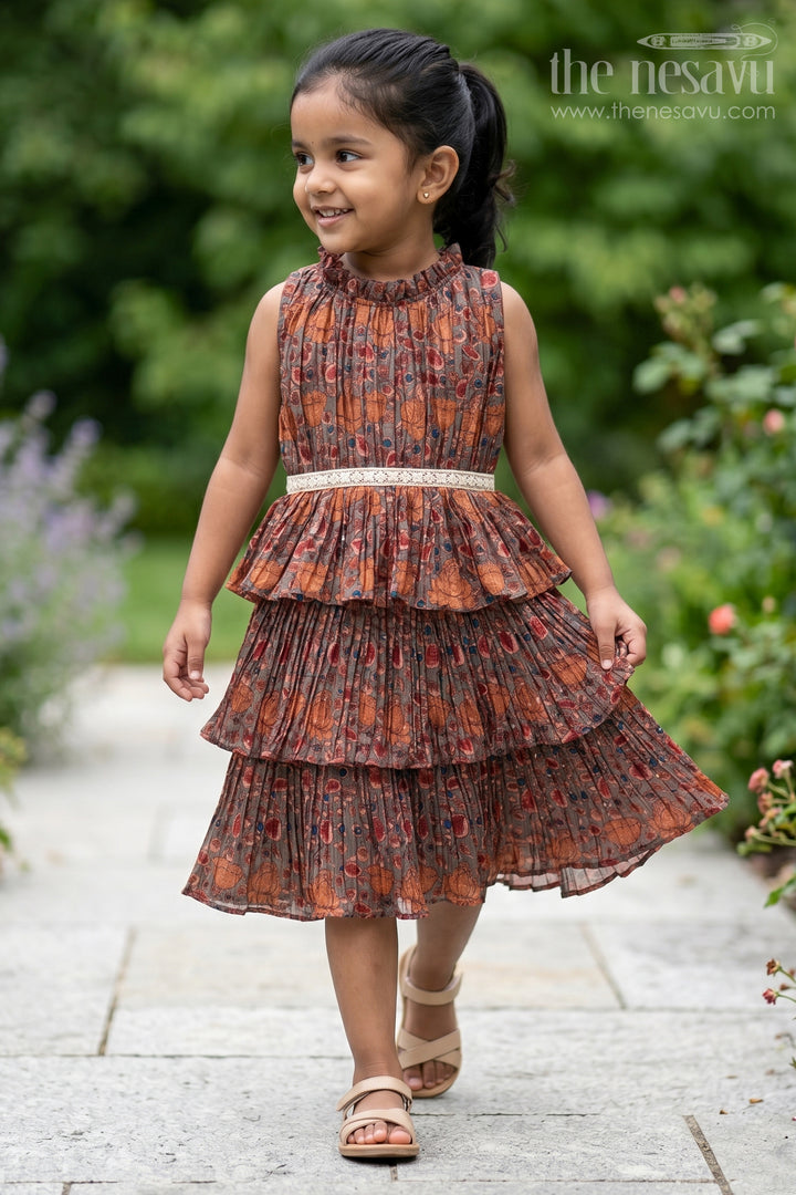 Graceful Green Frock for Girls with Chinon Pleated Silk and Tiered Ruffles
