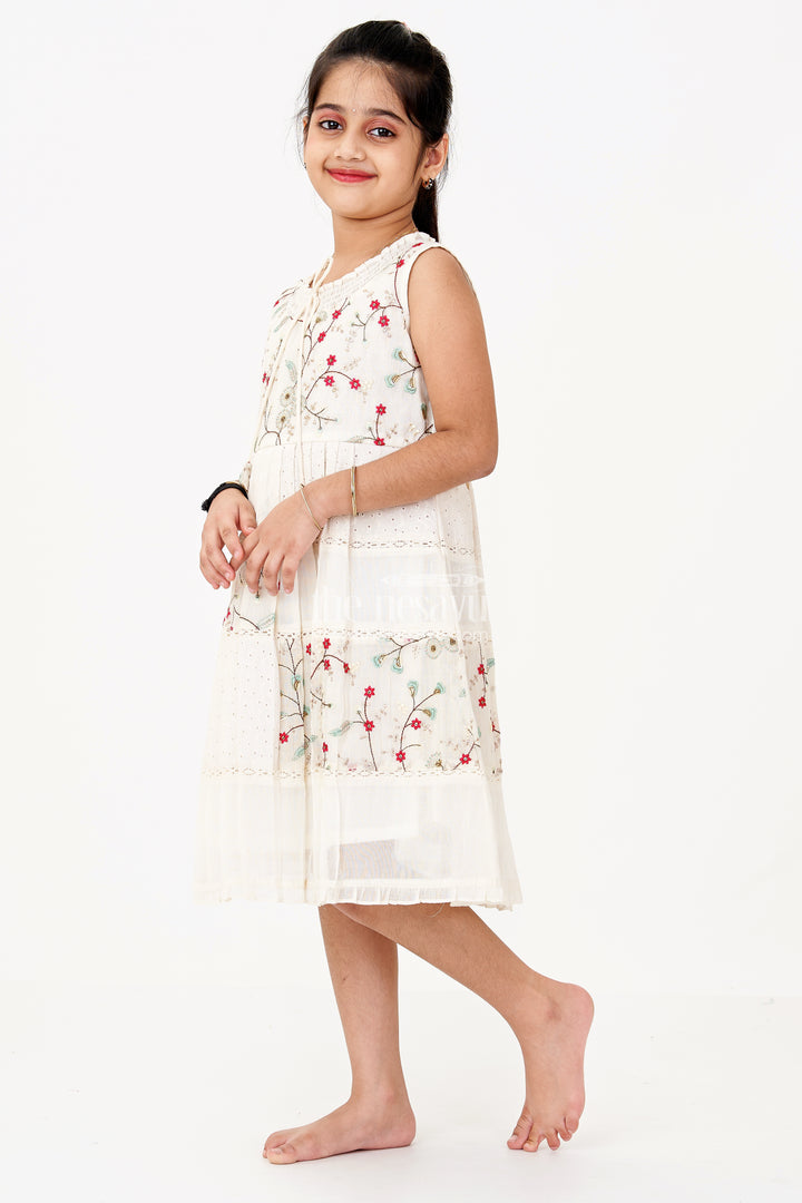 Girls Cream Color Frock with Embroidery and Pleated Skirt for Casual and Festive Wear