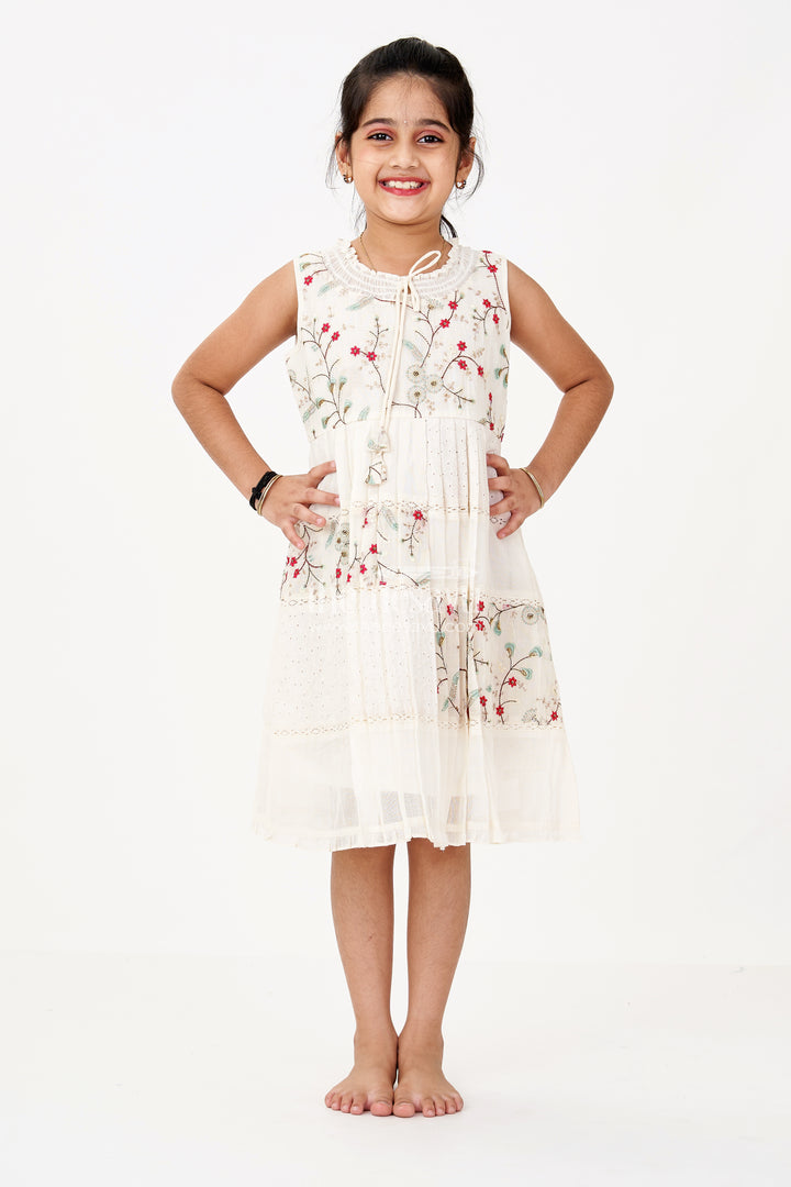 Girls Cream Color Frock with Embroidery and Pleated Skirt for Casual and Festive Wear