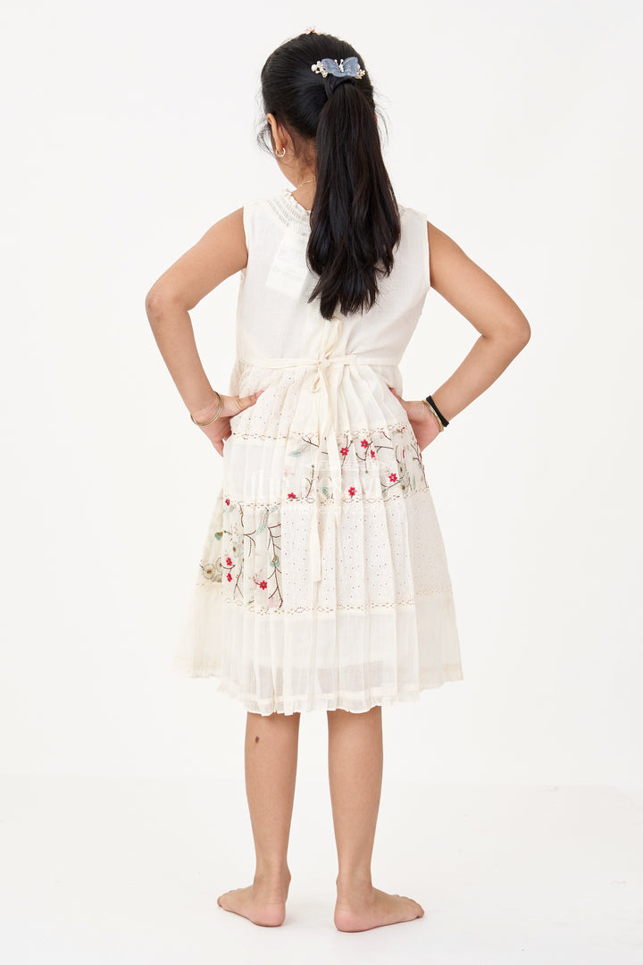 Girls Cream Color Frock with Embroidery and Pleated Skirt for Casual and Festive Wear