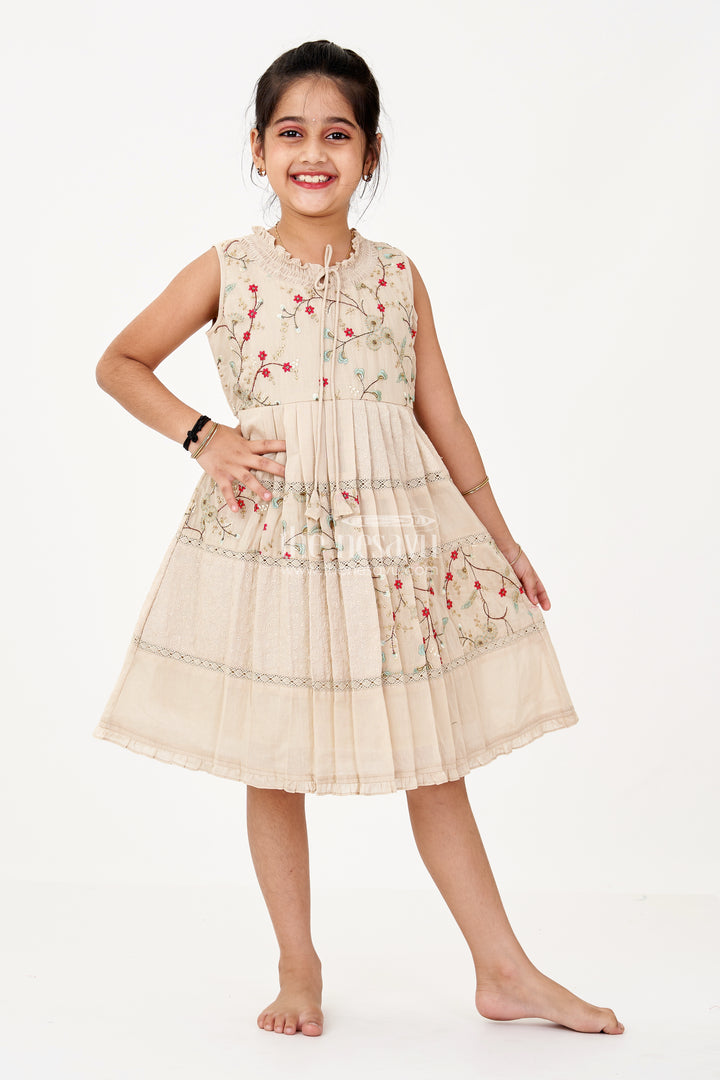 Girls Cream Frock for Kids with Floral Embroidery and Pleats for Everyday Elegance