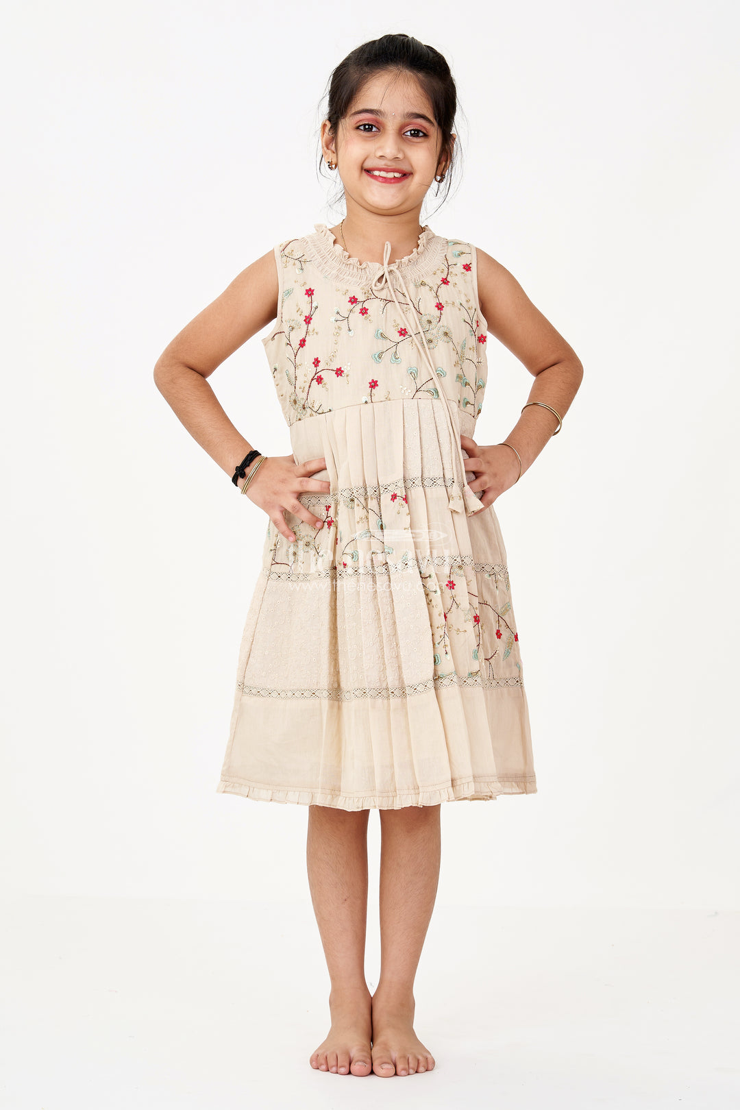 Girls Cream Frock for Kids with Floral Embroidery and Pleats for Everyday Elegance