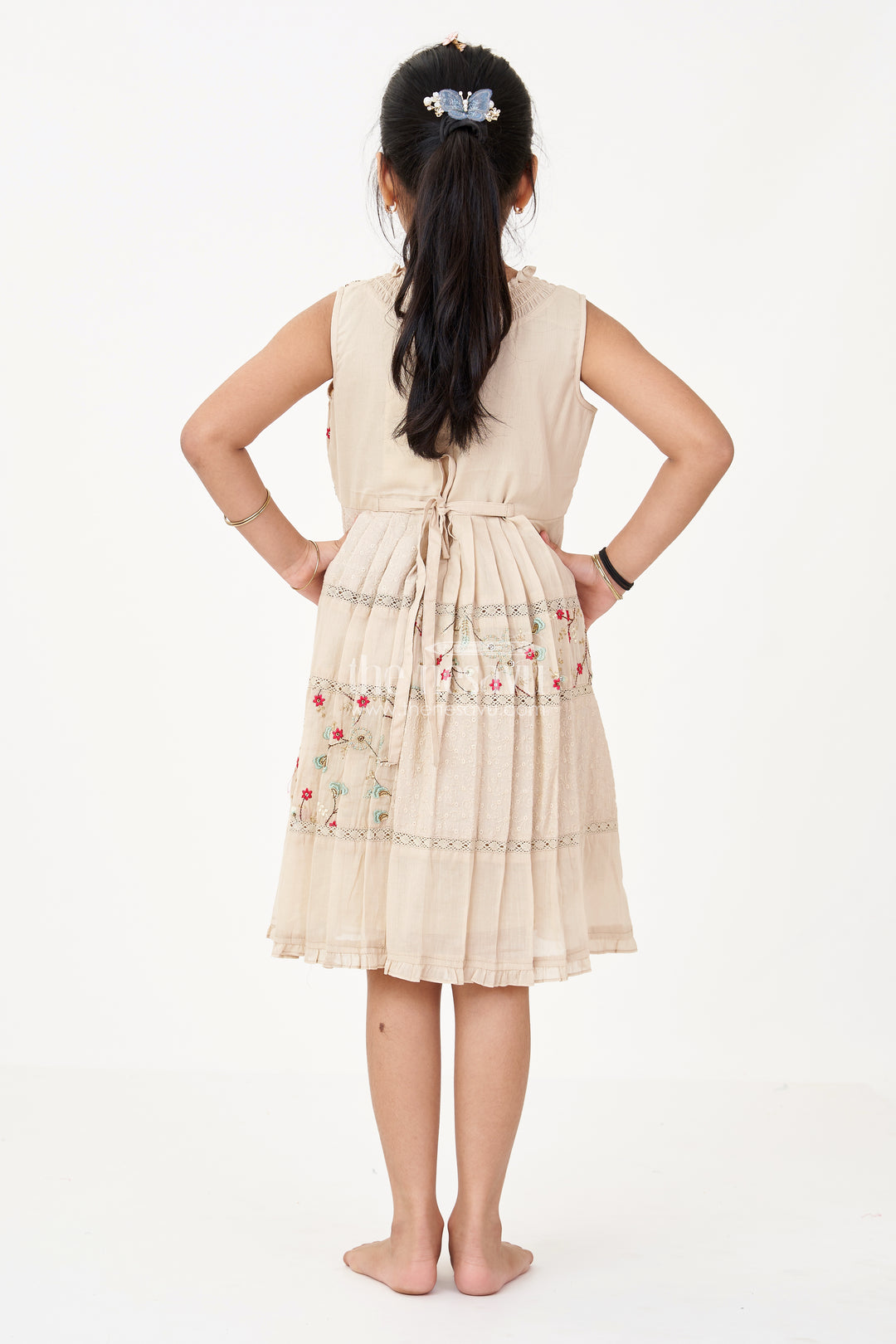 Girls Cream Frock for Kids with Floral Embroidery and Pleats for Everyday Elegance
