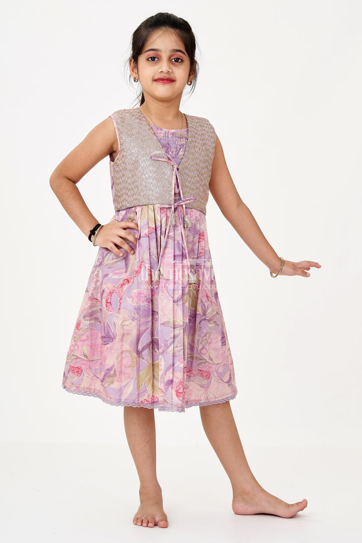 Girls Colour Full Frock with Sequin Embroidery and Printed Pleated Skirt for Stylish Look