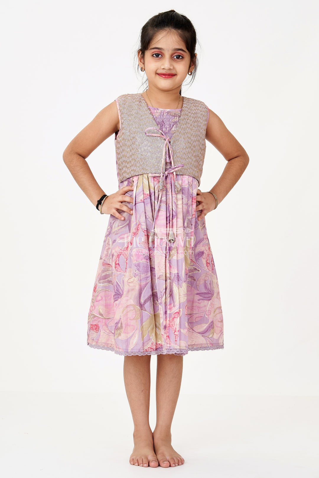Girls Colour Full Frock with Sequin Embroidery and Printed Pleated Skirt for Stylish Look