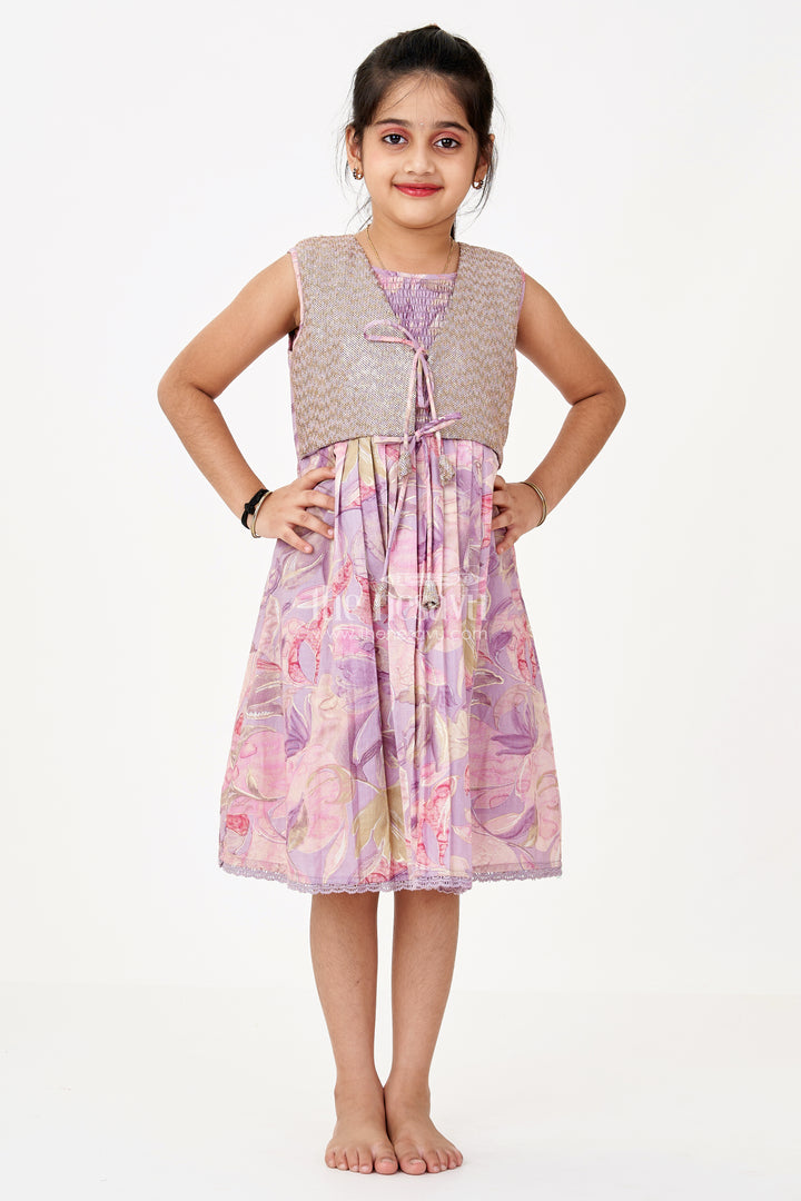 Girls Colour Full Frock with Sequin Embroidery and Printed Pleated Skirt for Stylish Look