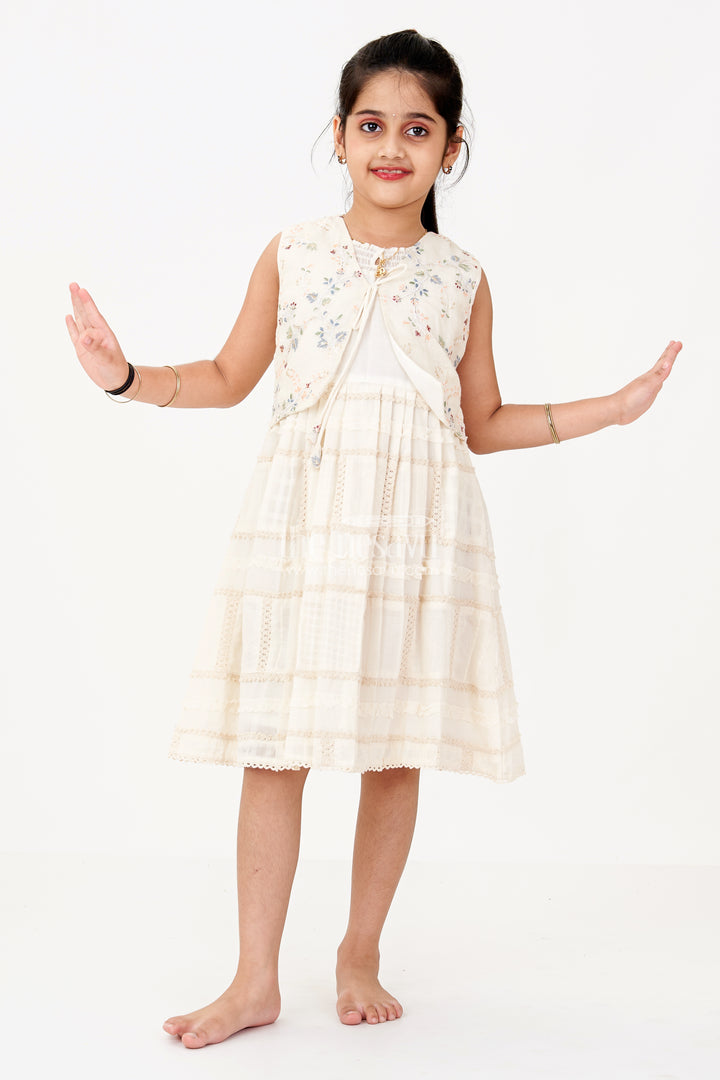 Girls White Color Frock with Embroidery and Layered Pleats for Graceful Festive Wear