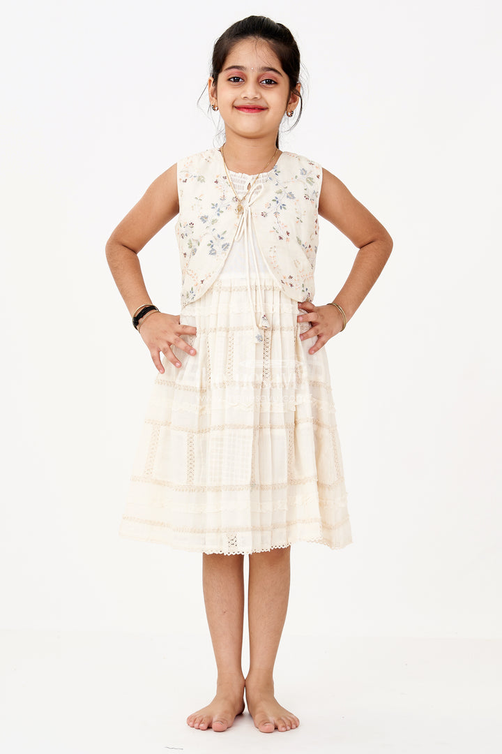Girls White Color Frock with Embroidery and Layered Pleats for Graceful Festive Wear