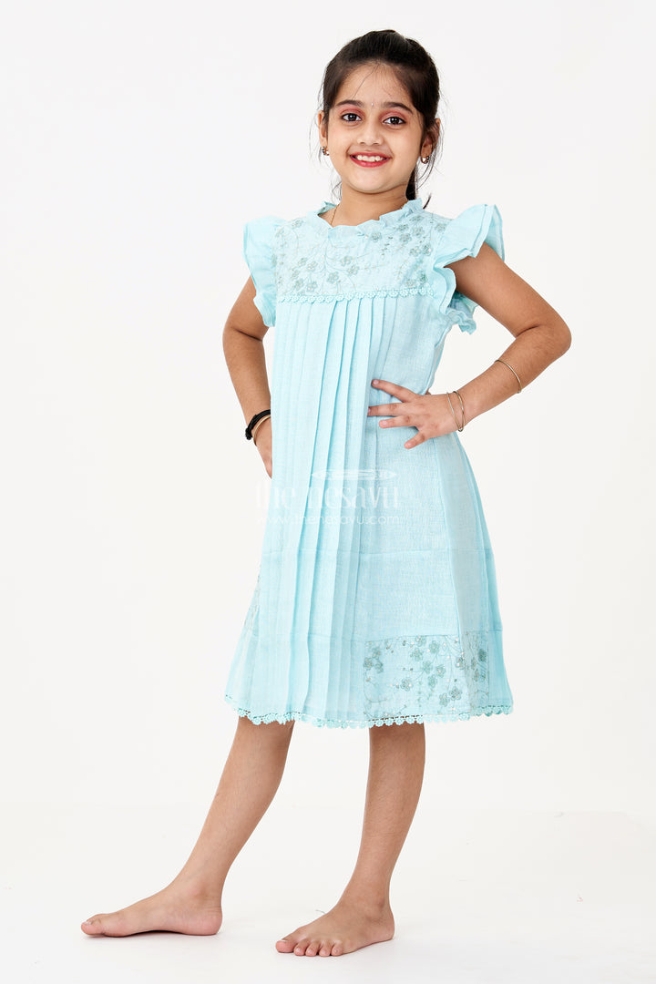 Girls Blue Colour Frock with Embroidery and Pleated Design for Casual and Festive Wear