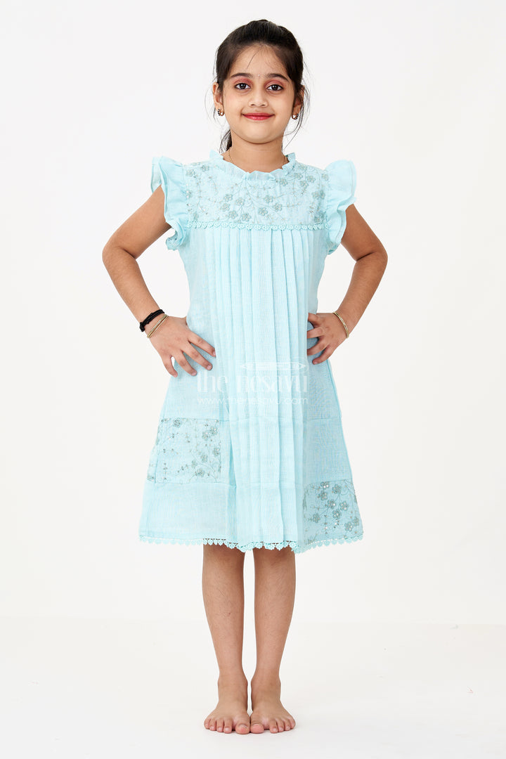 Girls Blue Colour Frock with Embroidery and Pleated Design for Casual and Festive Wear