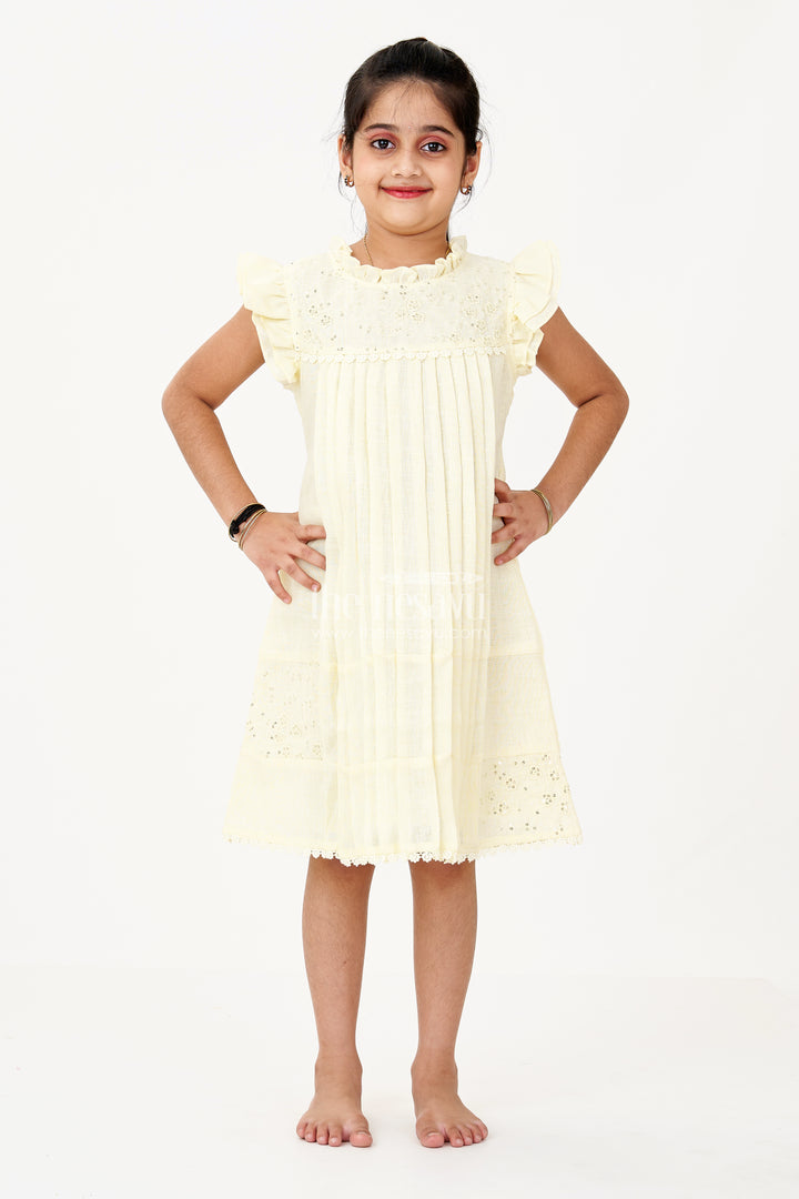 Girls Yellow Frock with Floral Embroidery and Pleats for Stylish Everyday Wear