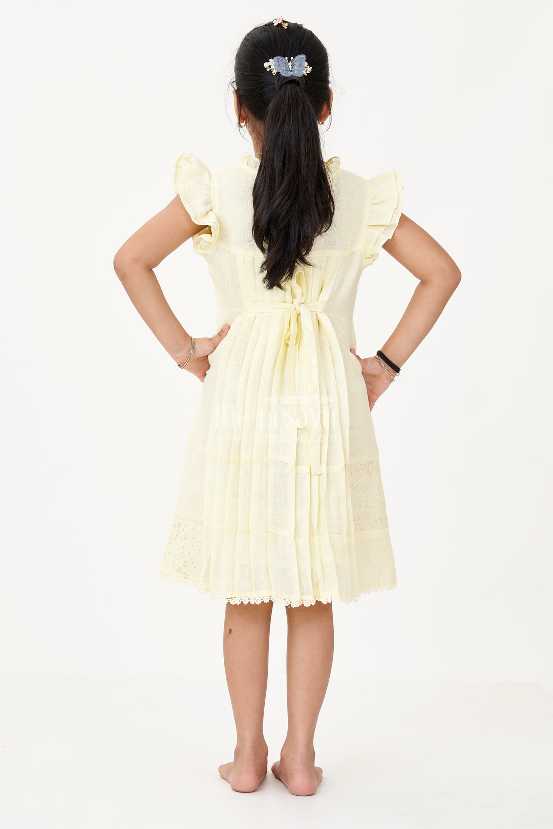 Girls Yellow Frock with Floral Embroidery and Pleats for Stylish Everyday Wear