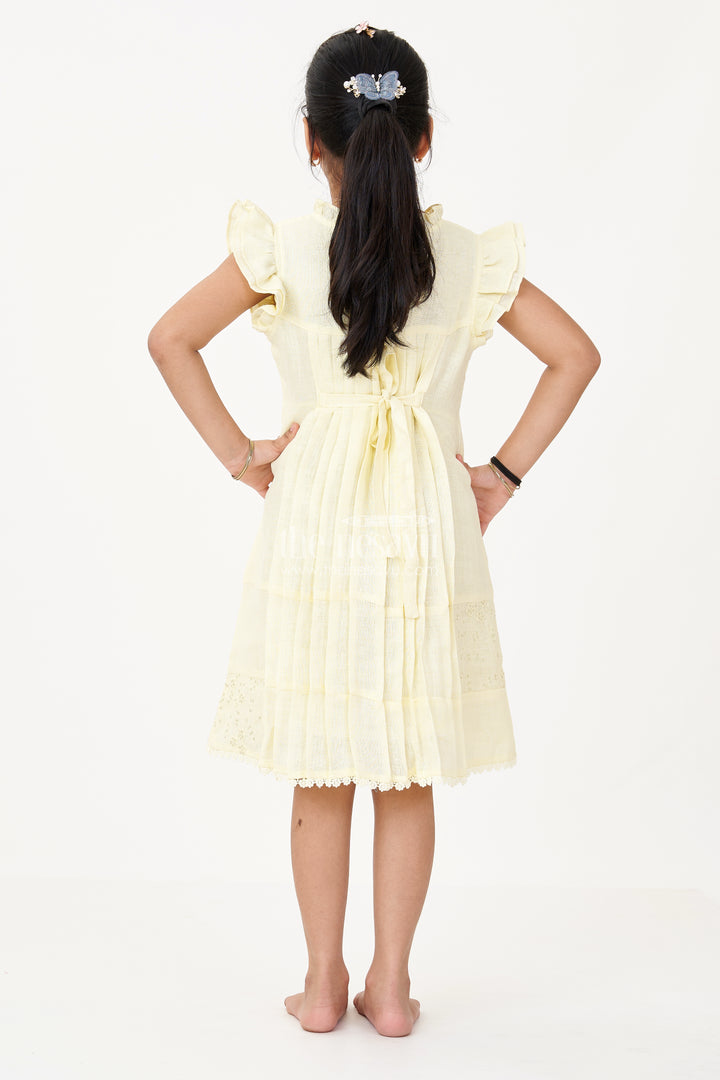 Girls Yellow Frock with Floral Embroidery and Pleats for Stylish Everyday Wear