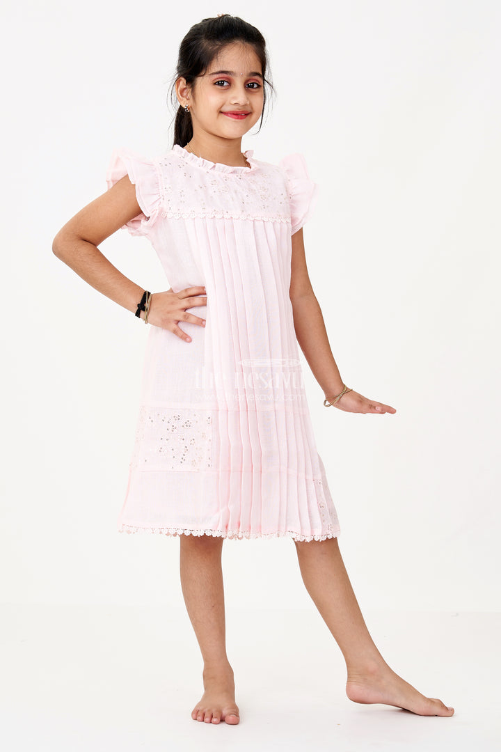 Girls Pink Frock for Kids with Floral Embroidery and Ruffled Sleeves for Special Occasions