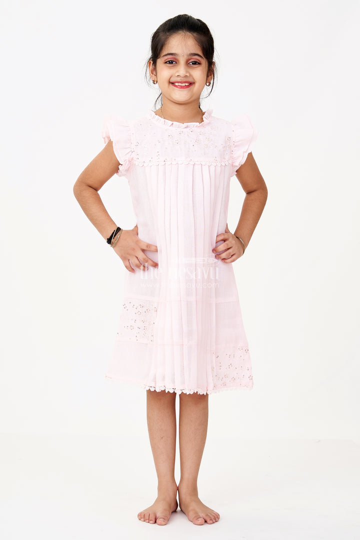 Girls Pink Frock for Kids with Floral Embroidery and Ruffled Sleeves for Special Occasions